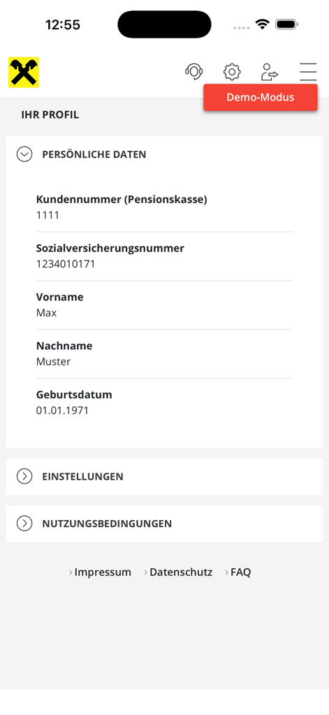 Benutzeroberfläche des Profils der Valida Vorsorge Management App, die persönliche Pensionskontoinformationen anzeigt