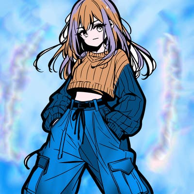 anime teen girl with baggy pants and crop top with sweater