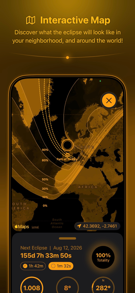 Solar Snap app screen displaying an interactive map with the path of totality and a countdown timer for the next solar eclipse.