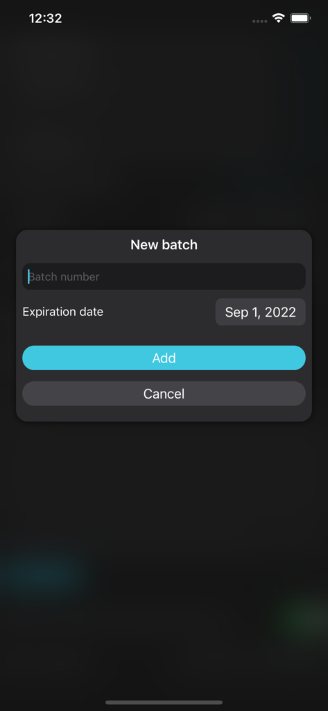 Drug Inventory - Oberfläche zum Hinzufügen einer neuen Medikamentencharge, einschließlich Feldern für Chargennummer und Ablaufdatum