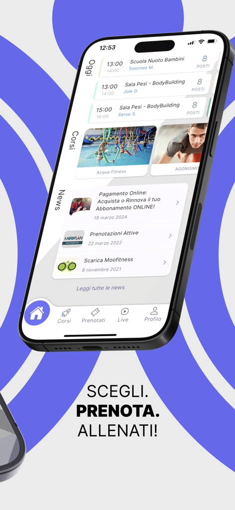 MooPlan - Smartphone screen showing the MooPlan app with daily gym schedules and booking features