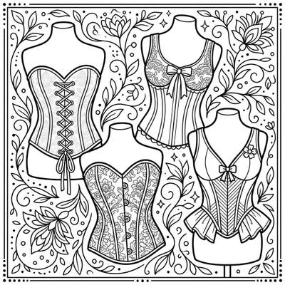 Unleash your creativity with our exquisite bustiers coloring page, specially designed for seniors seeking both challenge and relaxation. This printable features five distinct, beautifully patterned bustiers set against a lush, decorative floral background, offering hours of engaging artistic enjoyment.