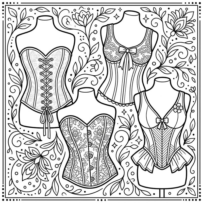Unleash your creativity with our exquisite bustiers coloring page, specially designed for seniors seeking both challenge and relaxation. This printable features five distinct, beautifully patterned bustiers set against a lush, decorative floral background, offering hours of engaging artistic enjoyment.