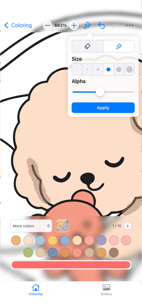 Doodle Goods: Coloring Book - Brush size and alpha settings menu in Doodle Goods coloring app with pastel palette and cute animal illustration