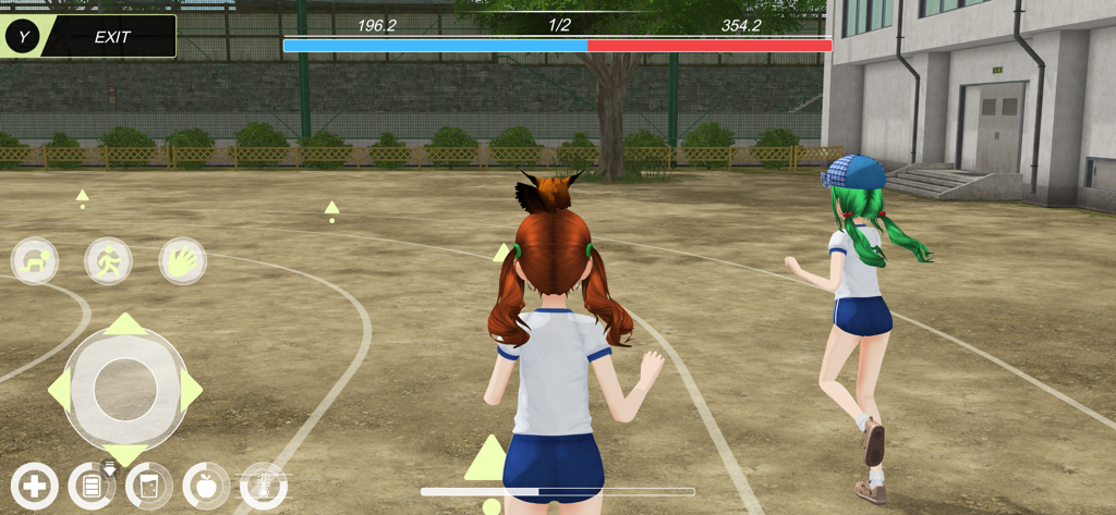 Anime City - Characters running on a high school sports track in Anime City with gameplay UI