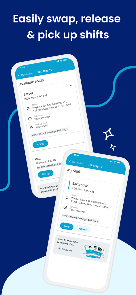 HotSchedules app interface for swapping releasing and picking up work shifts