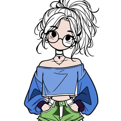 girl with a messy ponytail glasses a baggy crop top and jean shorts