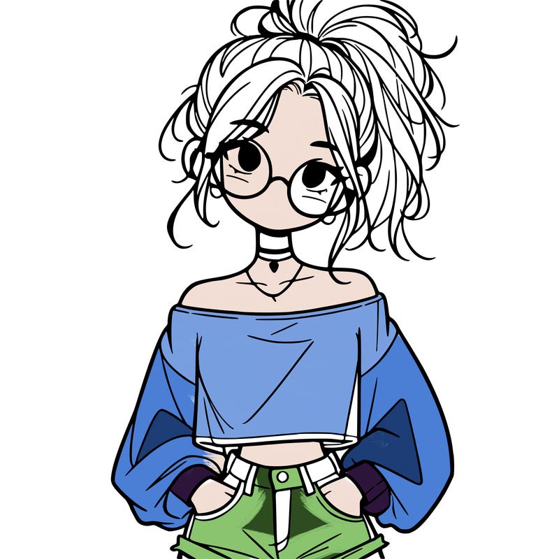 girl with a messy ponytail glasses a baggy crop top and jean shorts