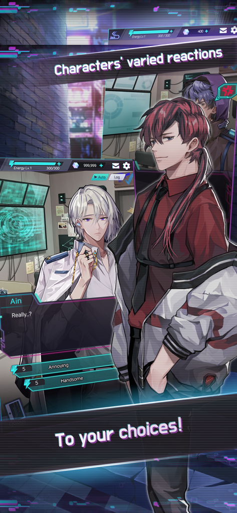Mayday Memory: CHOICE SF Otome - Two anime style male characters with dialogue options in the Mayday Memory cyberpunk otome game.