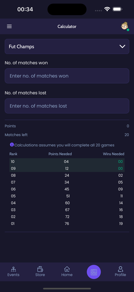 FC Enhancer - Mobile app screen displaying a calculator for Fut Champs matches including rank points and wins needed