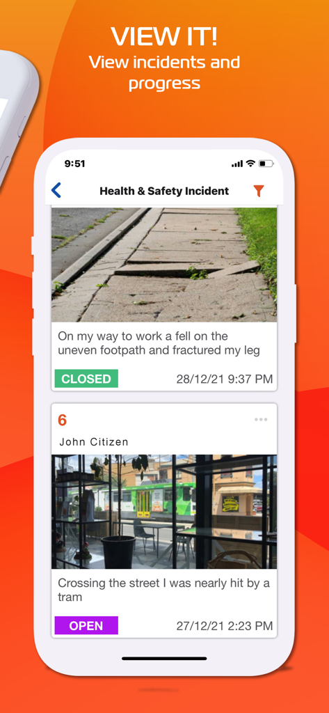 Riskware - Una interfaz móvil que muestra reportes de incidentes de salud y seguridad con fotos y etiquetas de estado.