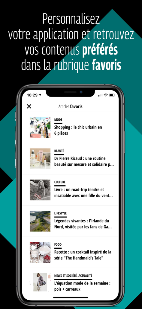 Aplicativo móvel Grazia mostrando uma lista curada de artigos favoritos marcados em moda e estilo de vida