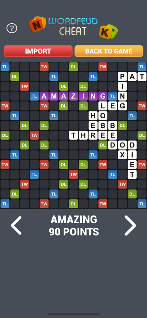 Solve WordFeud Cheat - Interfaz del solucionador de WordFeud mostrando una sugerencia de palabra de alta puntuación que vale 90 puntos