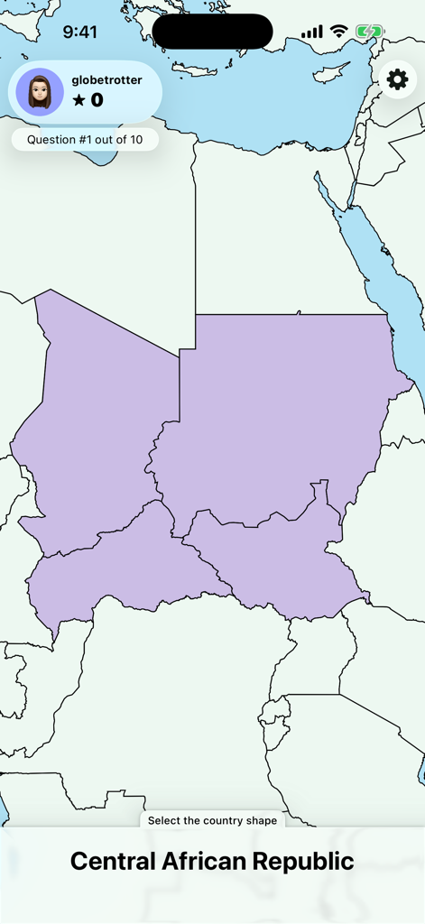 Geognosis - Geography Quiz - A geography quiz screen in the Geognosis app showing a map of Africa and asking the user to select the shape of the Central African Republic.