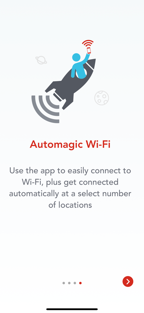 Pantalla de incorporación de la aplicación Boingo Wi-Finder que explica la función de conexión automática de Wi-Fi