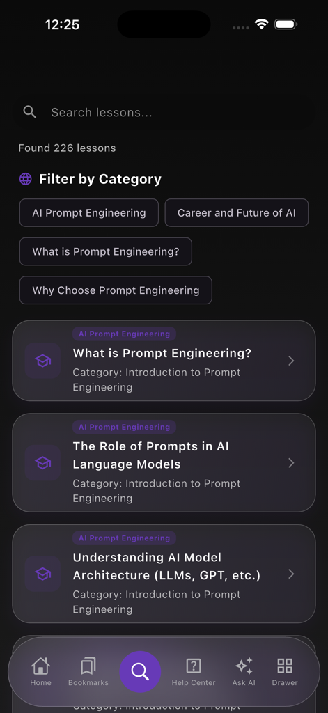 Mobile screen showing a list of AI prompt engineering lessons and search filters.