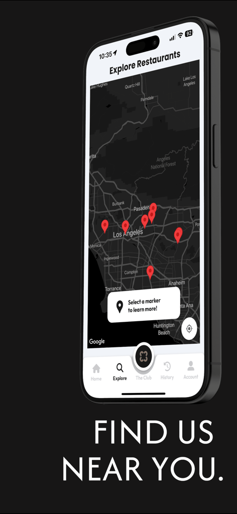 Chubby Club app interface showing an interactive restaurant discovery map in Los Angeles with red location markers.