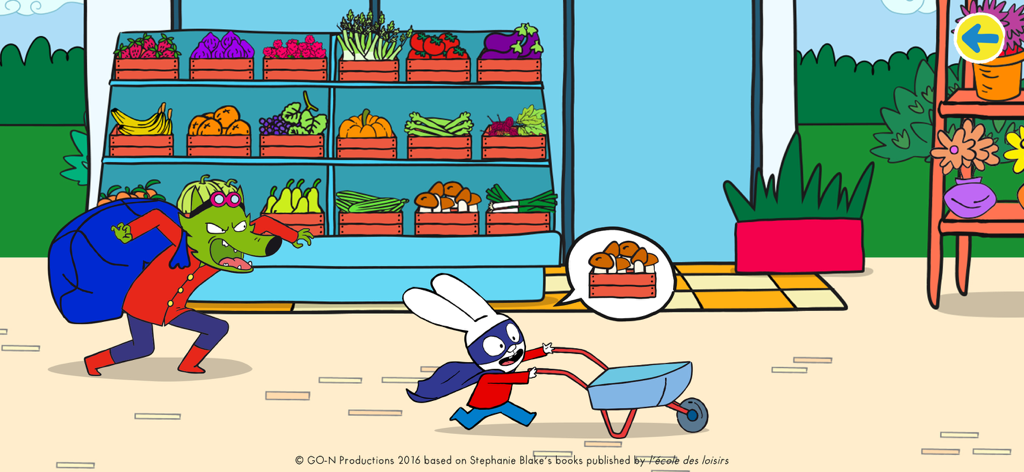 Simon Super Rabbit Vs Pr. Wolf - ウルフィー先生が後ろから見ている中、スーパーサイモンが食料品店で手押し車を押す様子