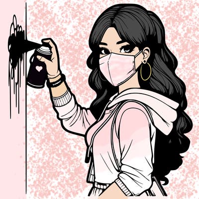 realistic girl with mask spray painting a wall