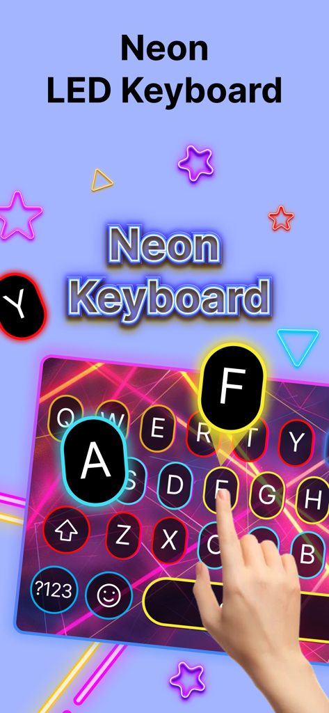 Neon Love: Face Emoji Keyboard - User typing on a glowing neon LED keyboard with a colorful aesthetic theme