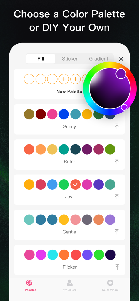 Coloring Book - ColorGuru - Une interface utilisateur montrant diverses palettes de couleurs et une roue chromatique pour personnaliser les œuvres d'art.