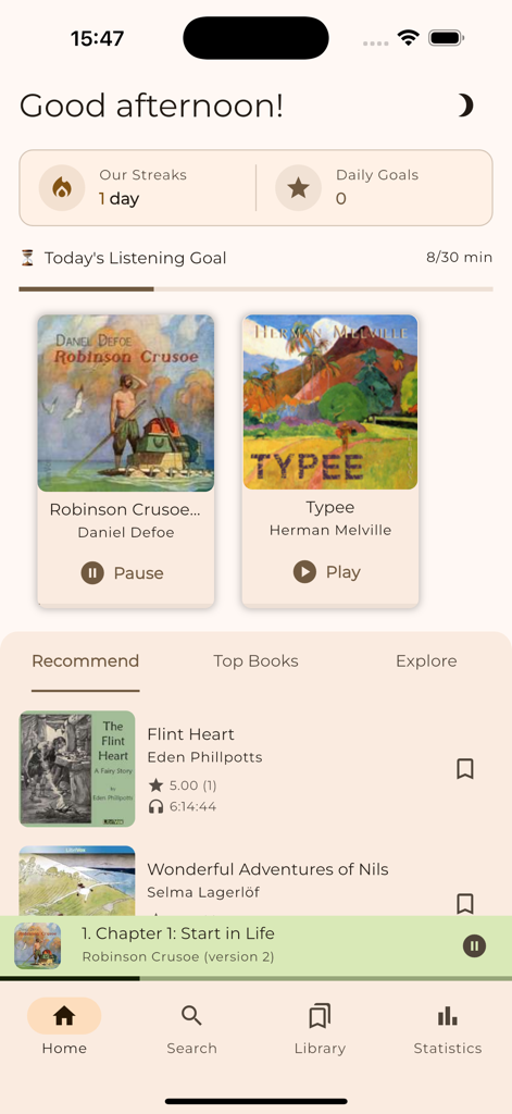 Sonata Story: Audiobooks - The home screen of Sonata Story app showing listening progress and audiobook library
