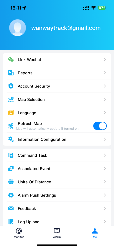 WanWayTrack - WanWayTrack app user profile and configuration settings menu on an iPhone.