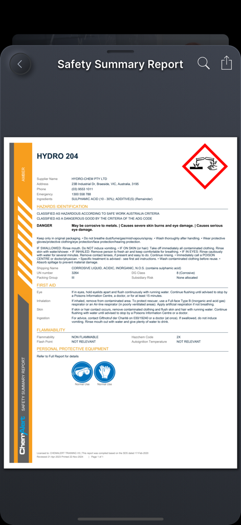 Safety summary report for a hazardous chemical showing hazard identification and PPE requirements in the ChemAlert app
