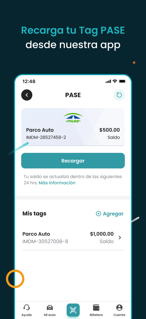 Pantalla de la app móvil que muestra la interfaz de recarga de Tag PASE con saldo y detalles de la cuenta