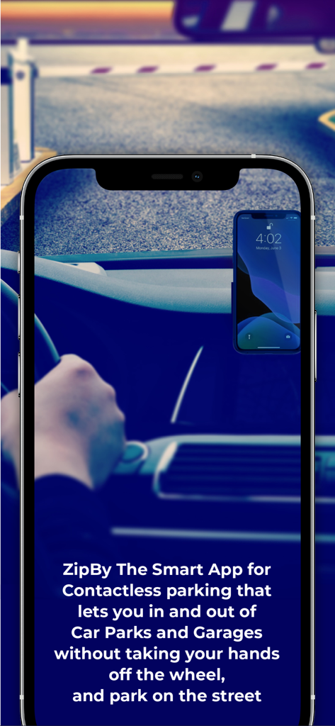 ZipBy - ZipBy app on an iPhone showing contactless parking features for car garages and street parking