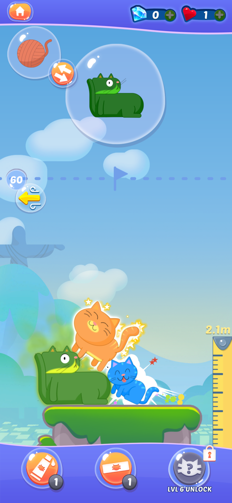 Cat Stack - Colorful cartoon cats stacked on a floating platform in a physics puzzle game