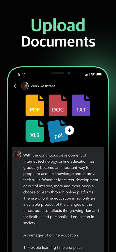 Captura de pantalla que muestra la función de carga de documentos de la aplicación AI Ask AI Chatbot Assistant con soporte para archivos PDF, Word y Excel