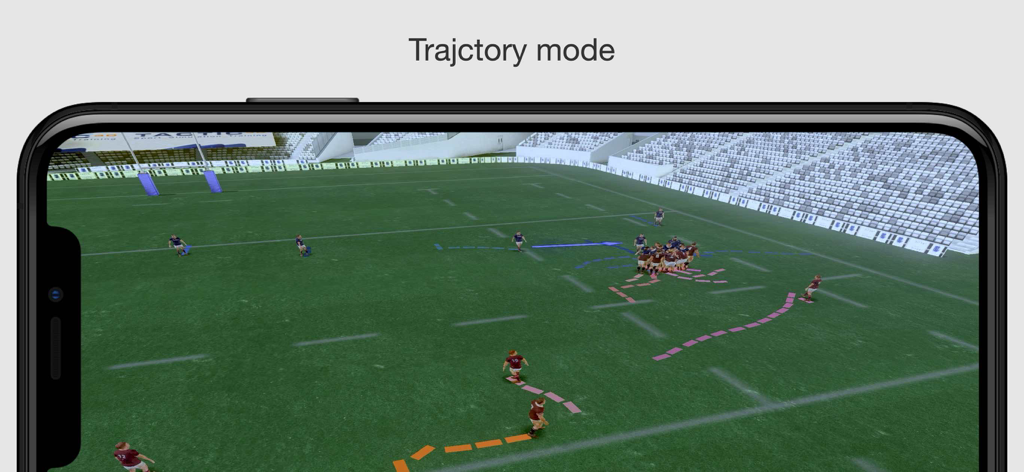 Visualización 3D de las rutas de movimiento de los jugadores de rugby en un campo en modo trayectoria