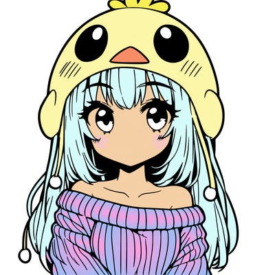 anime girl with chick shaped hat with sweater with bare shoulders with bangs covering them one eye with low tail