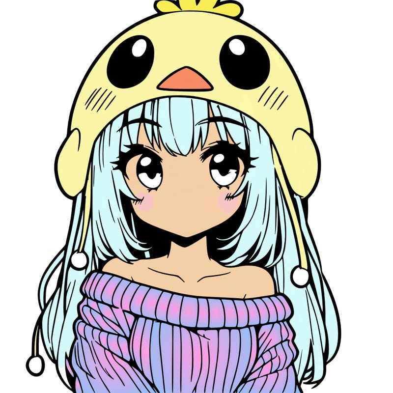 anime girl with chick shaped hat with sweater with bare shoulders with bangs covering them one eye with low tail