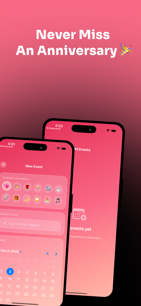Love Days Counter – Tracker - Interface for tracking relationship anniversaries and creating custom events with emojis and a calendar