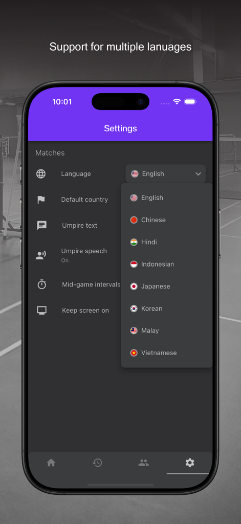 Badminton Scorer Pro - Settings screen of the Badminton Scorer Pro app showing a dropdown menu with multiple language options like English, Chinese, and Hindi.