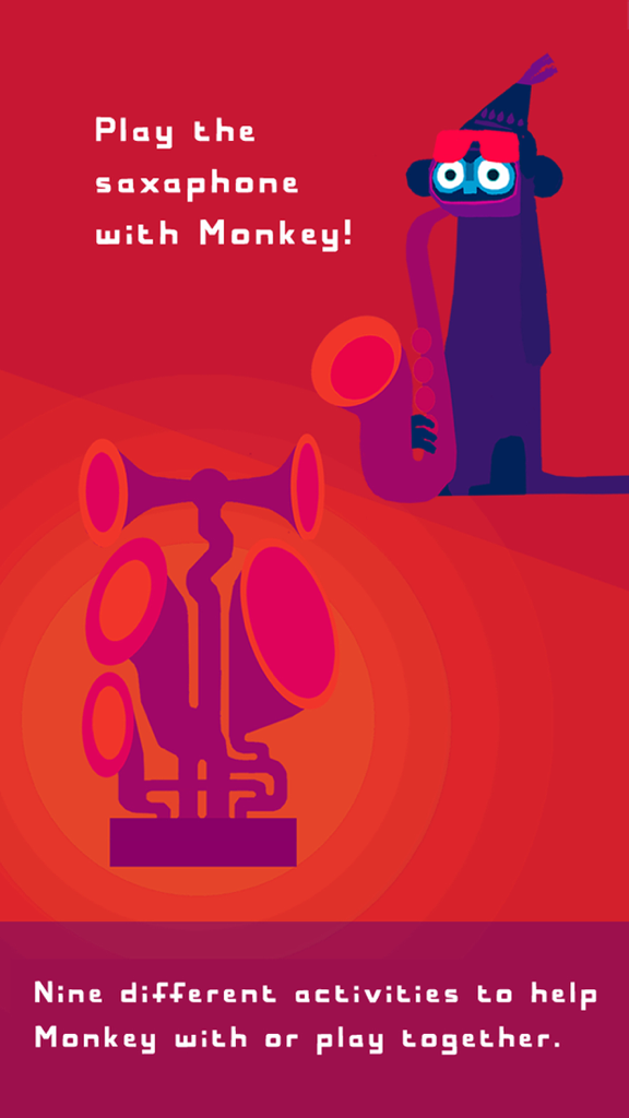 Hat Monkey by Chris Haughton - A purple monkey with pink glasses playing a saxophone in a minimalist artistic style.