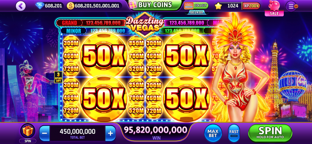 Cash Carnival - Casino Slots - A colorful slot machine game with a showgirl character and a large jackpot win in Cash Carnival