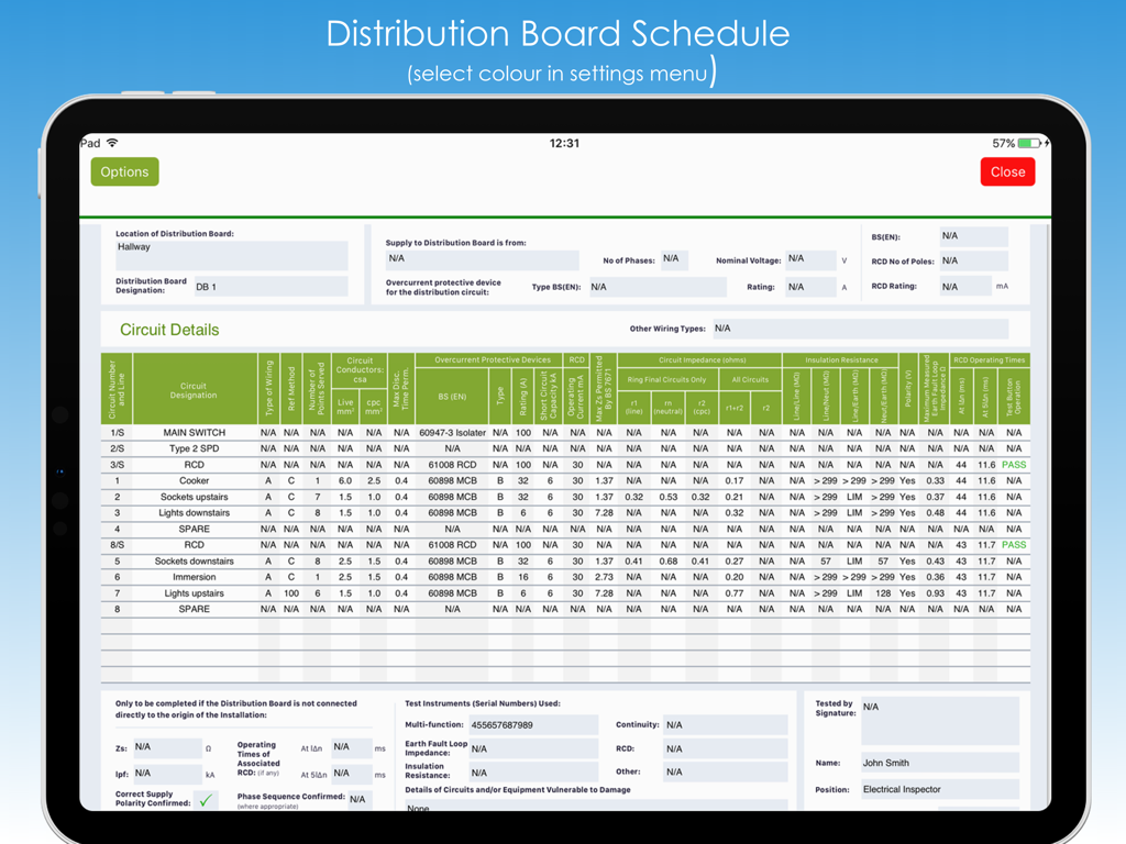 Pro Certs - Pro Certs iPad app interface showing a detailed Distribution Board Schedule for electrical testing and certification.