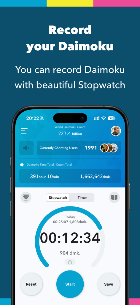 DAIMOKU PRO | SGI DAIMOKU SNS - DAIMOKU PRO app interface showing a stopwatch for recording chanting sessions with global user statistics and total time tracked