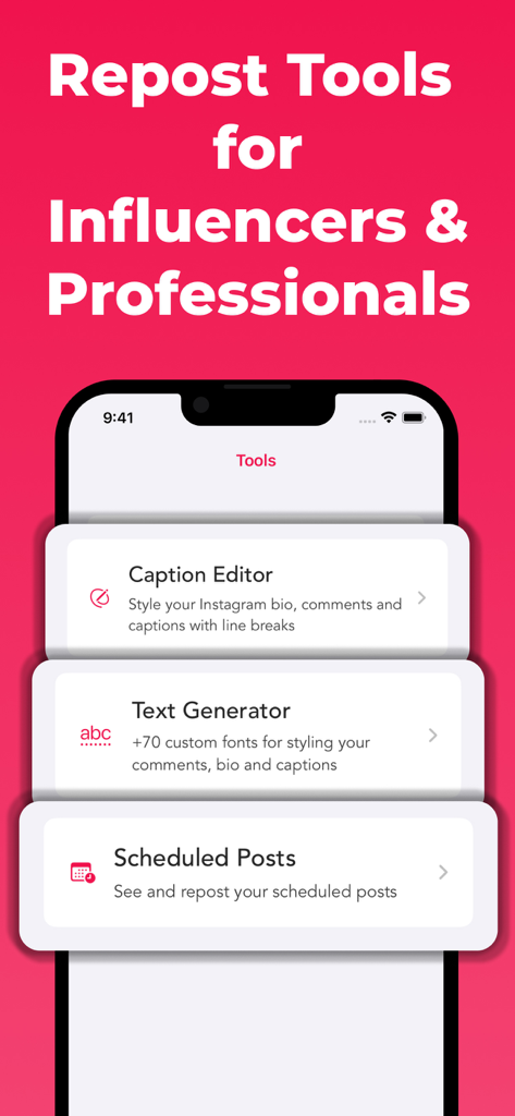Interface showing repost tools for influencers including caption editor text generator and scheduled posts