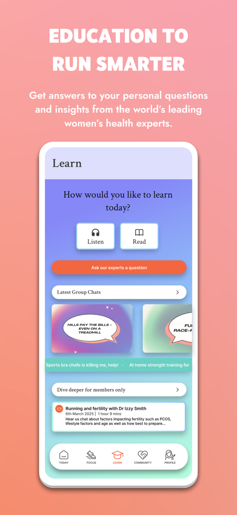Femmi: Running Plans for Women - Femmiアプリの学習タブ。専門家による健康アドバイスと女性向けのランニング教育が特集されています