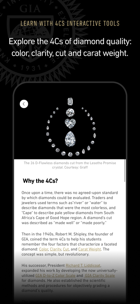 GIA - GIA app screen explaining the 4Cs of diamond quality with interactive tools and educational content