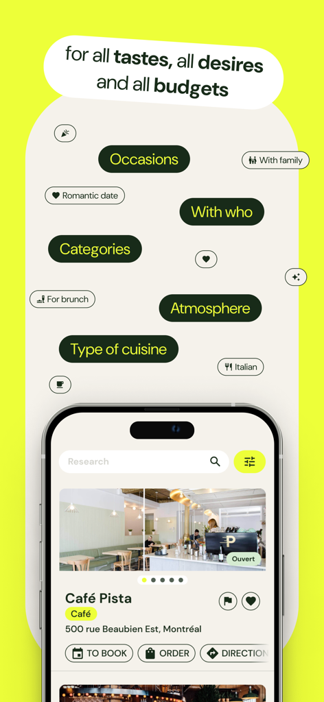 Tastet plus App-Oberfläche zeigt Filter zur Restaurantsuche und kuratierte Café-Empfehlungen