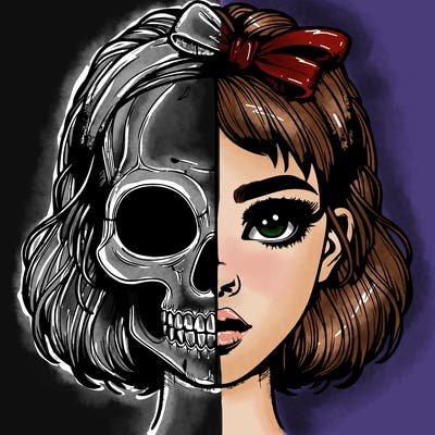 realistic girl with half skull mask