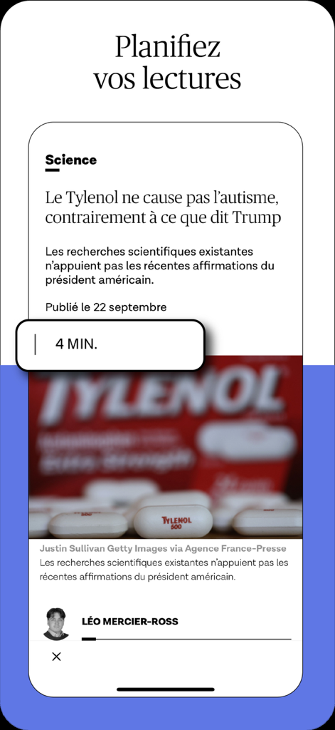 Screenshot of the Le Devoir Mobile app showing a news article with a 4 minute reading time estimate