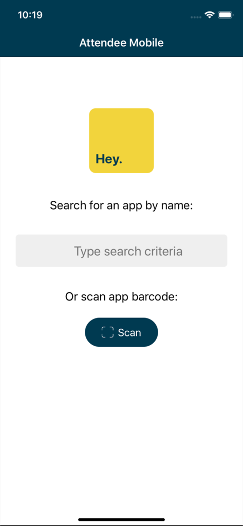 Der Suchbildschirm der Attendee Mobile App mit einer Suchleiste und einem Button zum Scannen eines Barcodes für den Event-Zugang.