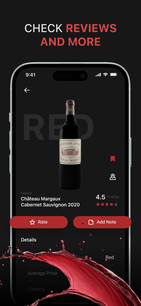 Una captura de pantalla de la aplicación Wine Scanner que muestra los detalles de calificación y reseña de una botella de vino tinto.
