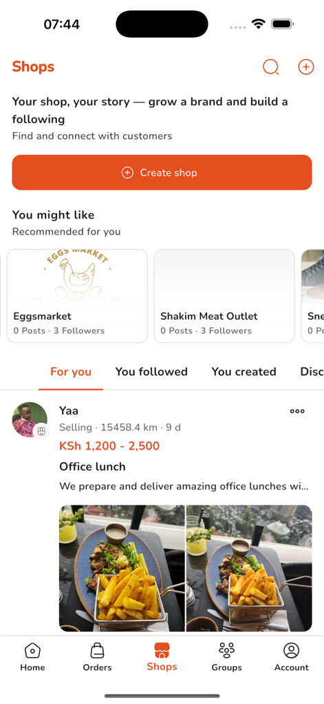 Nikela app marketplace view with community shops and social commerce feed